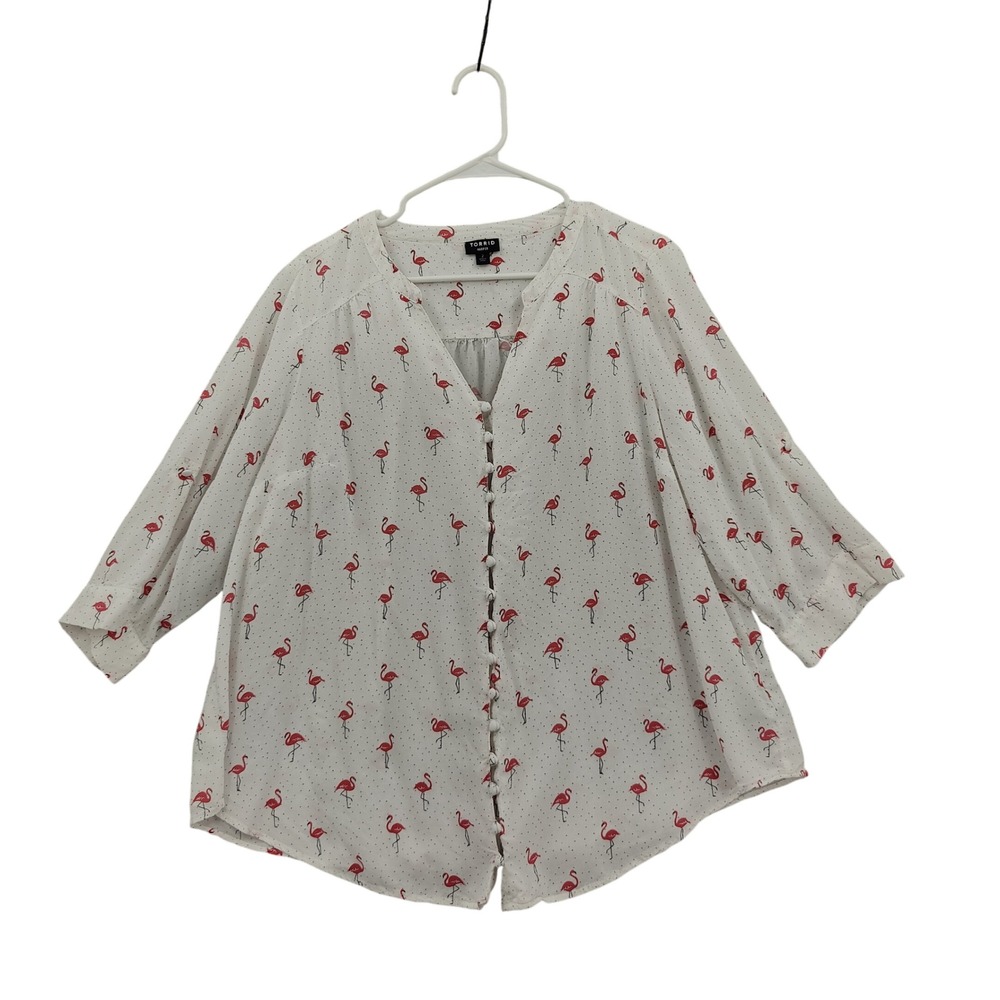 Torrid Womens Tropical Coastal Harper Blouse 2X White Flamingo Polka Dot Top